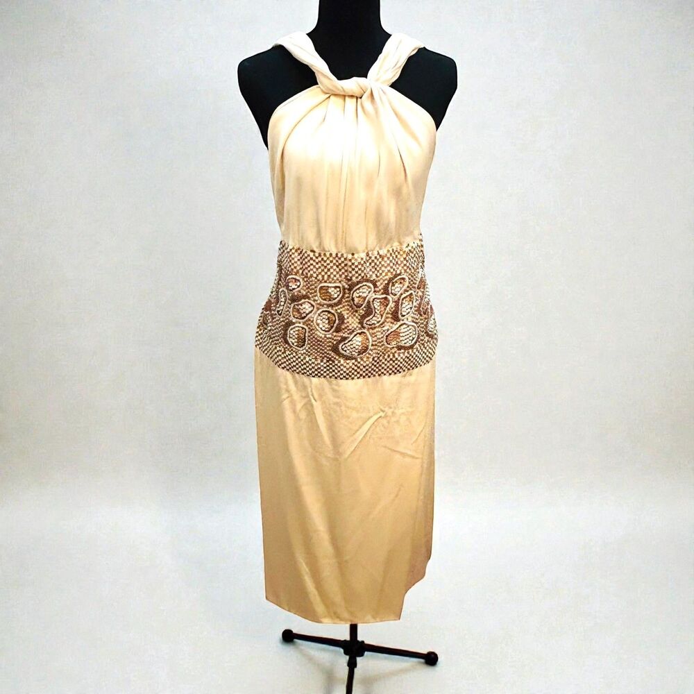Vtg 1970s Bill Blass Silk Sequin Halter Cocktail Dress Gold Saks Fifth Avenue
